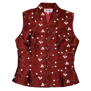 Chinese vest silky red pink embroidered floral sleeveless button down